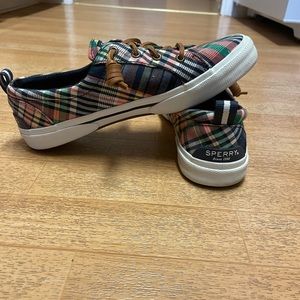 Almost new Sperry sneakers. Letter tie slip ons and plaid fabric. Really cute!